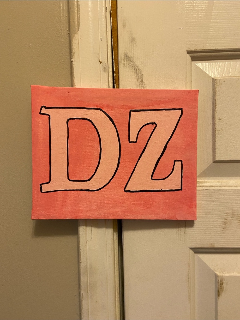 Hand-Painted 'DZ' Canvas Wall Art in Coral Pink